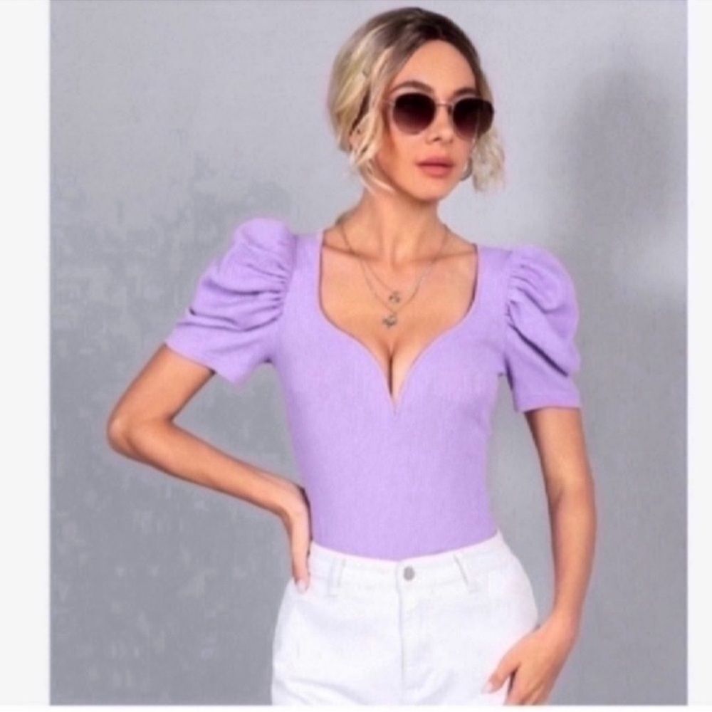 Puff Sleeve Rib-Knit Tee  Size XS